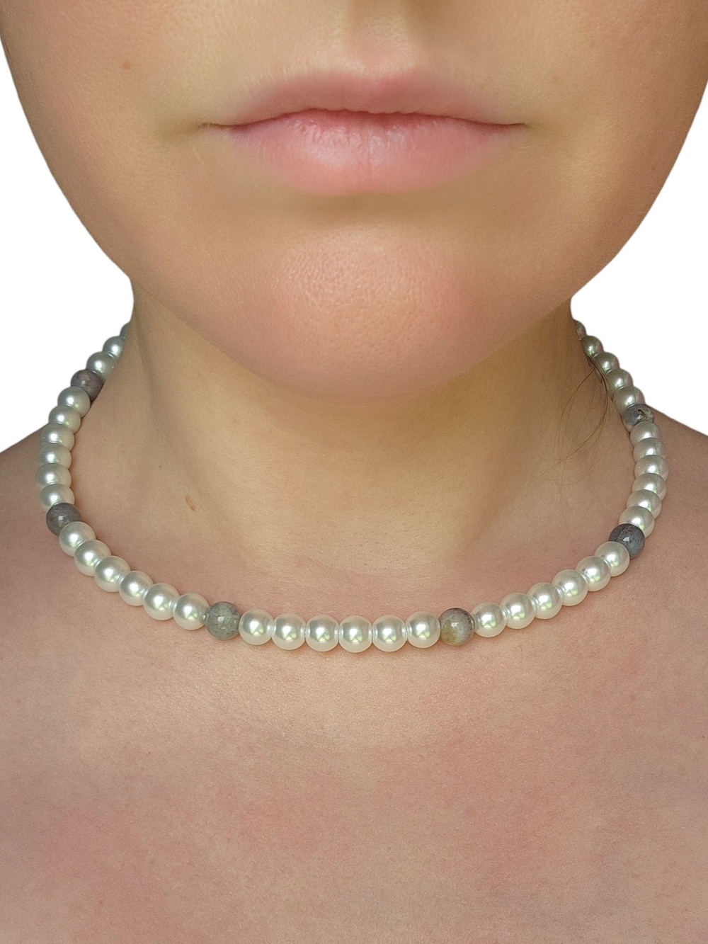 Pearl and Gray Jasper Beaded Women's Fitted Choker Necklace